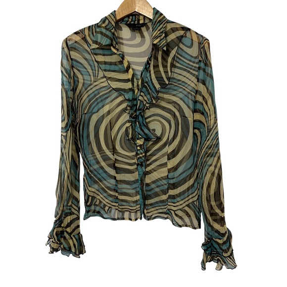 WDNY Silk Swirl Shirt Size Med Ruffle Front and Sleeve Autumn Office Work - Picture 1 of 7